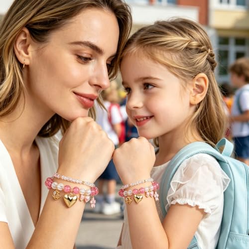 Image of First Day of Kindergarten Bracelets,First Day of School Bracelets for Mom and Daughter,Back to School Bracelet Pre-K Matching Heart Wish Adjustable Bracelet
