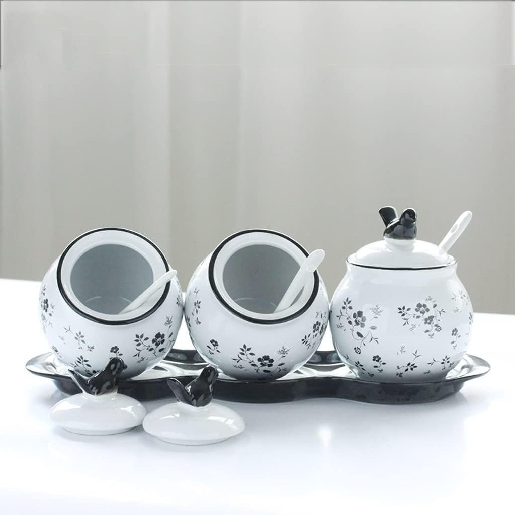 Seasoning Bottle Set Set of 3 Ceramic Little Bird Spice Jars Sugar Bowl Container with Lids Spoon and Ceramic Tray Condiment Seasoning Box Container Pot Set （Black and White） Spice Bottle Set