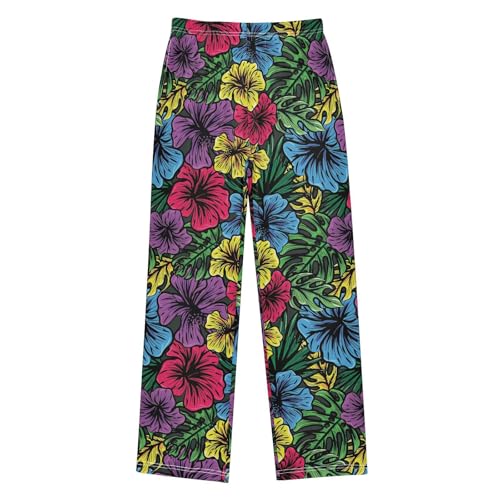 ZZXXB Colorful Print Hibiscus Flowers Boys Long Pants Soft Trousers Elastic Waist Kids Lounge Bottoms with Pockets S-XL