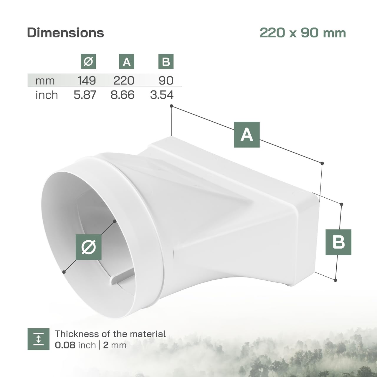 Vent Systems 220x90 mm en el conector de tubería rectangular de Ø150 mm para la conexión del tubo redondo. Sistema de ventilación, calefacción, enfriamiento - No apto para equipos de AC.