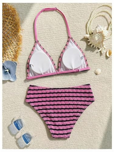 Image of RoseSeek Girl's Tie Dye Smocked 2 Piece Swimwear Sets Backless Halter Bikini Cute Brief Bathing Suit