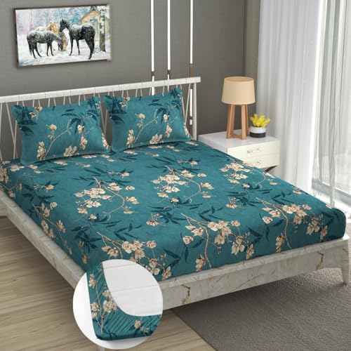 Image of Premium Heavy Cotton Elastic Fitted Bedsheets with 2 King Size Pillow Covers || Double Bed with All Around Elastic 350 TC || 72 x 72 x 10 Inch Queen Size Fitted || - Green Flower