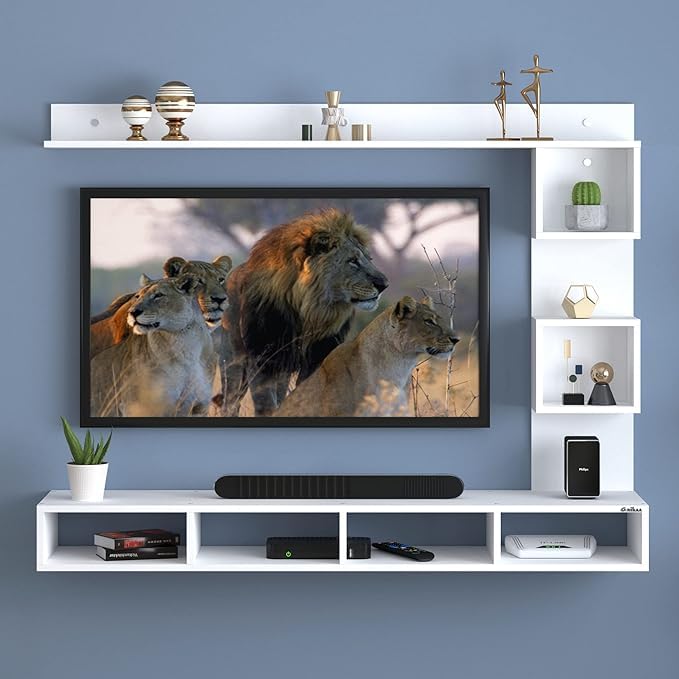 Anikaa Kirina Engineered Wood Wall Mount TV Unit with LED Lights TV Cabinet TV Entertainment Unit Set Top Box Stand (White) (Ideal for 43 Inch)(D.I.Y)