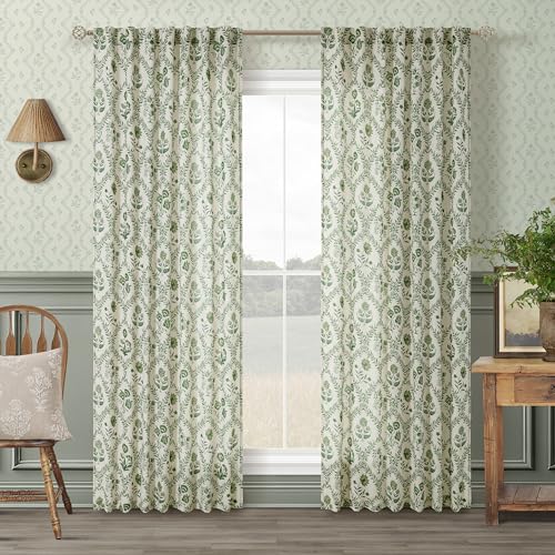 Image of Green Floral Linen Curtains for Living Dining Room 96 Inch Length 2 Panels