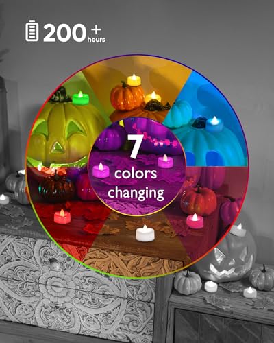 Image of merrynights Flameless Candles, 12-Pack Color Changing Tea Lights Candles Battery Operated, Long-Lasting 200+ Hours Flameless Tealight Candles for Halloween Christmas Holiday Decor, 1.5'' D X 1.25'' H