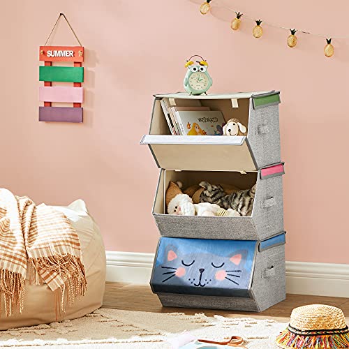 SONGMICS Aufbewahrungsboxen, 3er Set, Faltboxen, Stoffboxen mit Griffen, Organizer, magnetischer Deckel, für Kinderzimmer, Spielzimmer, Tier-Motive, rosa, blau, grün und grau RFB760P01