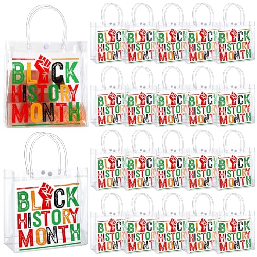 Sweetude 24 Pcs Black History Month Gift Bags Bulk Red Black Green Clear PVC Goodie Bags with Handles 7.87 x 3.1 x 7.87 Inch Reusable African PVC Gift Wrap Sack for Party Decoration Supplies