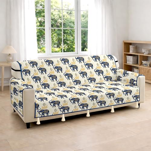 Image of Cloth Fusion 300 GSM Quilted Jaipuri Theme Printed 3 Seater Sofa Cover Mat-Style Fully Covered with Armrest Pockets, Adjustable Straps & Lock Fit (170 cm Seat Run, Elephant Motif)