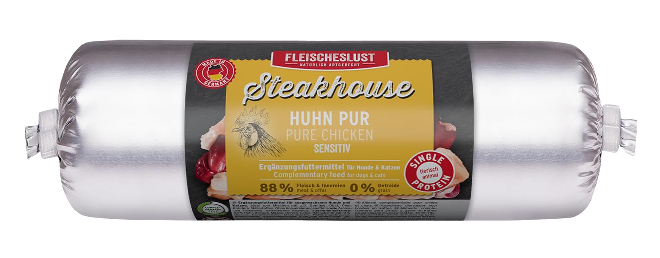 Steakhouse Huhn pur (14x500g), Nassfutter für Hunde & Katzen, sensitives Ergänzungsfutter, Monoprotein, getreidefrei, 14x Wurst von Fleischeslust