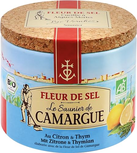 Le Saunier de Camargue Fleur De-Sel Zitrone Thymian in 125 g Dose, Premium Meersalz aus Süd-Frankreich, Ideal als Finishing von Speisen und zum Verfeinern von Gerichten