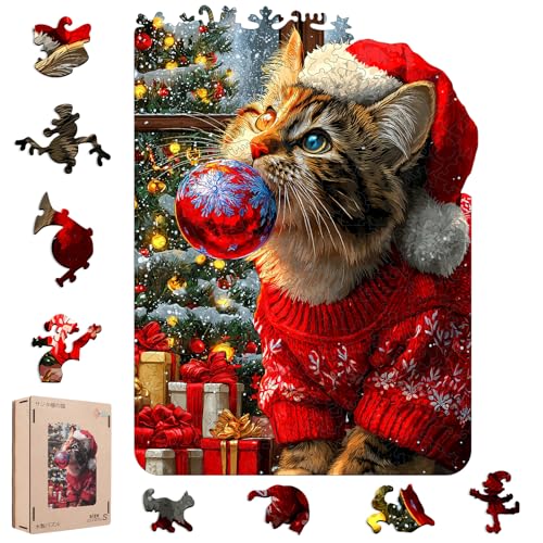 MEATRN ジグソーパズル 木製 200ピース 異形ピース サンタ帽の猫 クリスマス ギフト