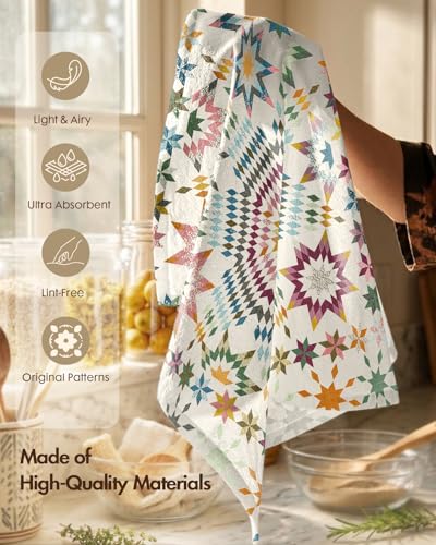 Image of Miss Adola 4pcs Flour Sack Kitchen Towels - 16x26 Inch Cotton Dish Towels Set of 4 with Hanging Loop Reusable Geometric Boho Modern Retro Tea Towel Absorbent Dishcloths Home Decor, Starburst Design