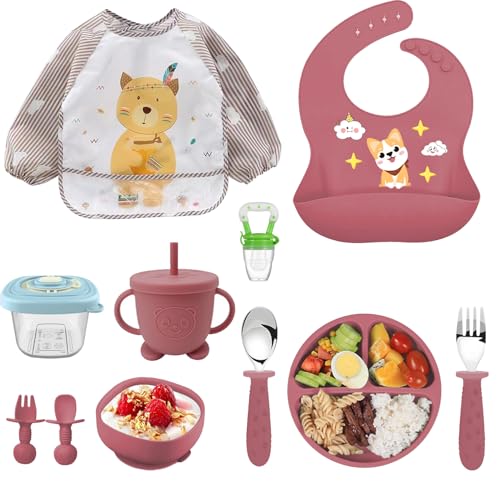 Vajilla de Bebé Silicona, 10 piezas Juegos de vajilla infantil, Cubiertos con plato ventosa, Tenedor con mango de madera, Babero Set Platos de Succión para Bebés, Juego de Platos Vajilla Vajilla de Bebé Silicona, 10 piezas Juegos de vajilla infantil, Cubiertos con plato ventosa, Tenedor con mango de madera, Babero Set Platos de Succión para Bebés, Juego de Platos Vajilla