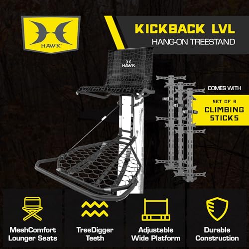 Hawk HWK-HF2031 + Kickback Lvl Heavy Duty Adjustable Hang On Tree Stand With Footrest, Platform And 3 Climbing Sticks thumb #1