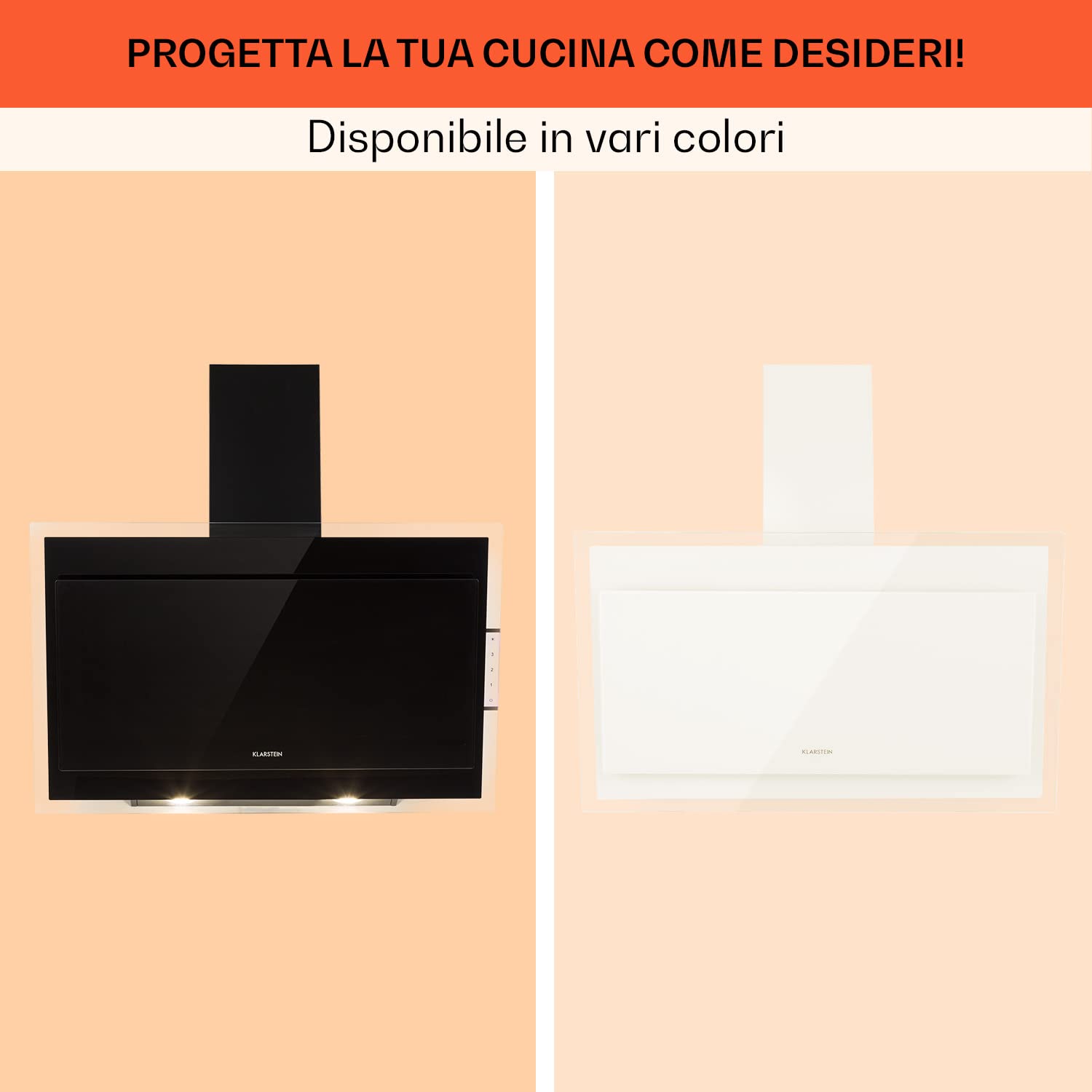 Klarstein Mirage 90 - Cappa aspirante a parete, senza testa, 90 cm, 550 m³/h, classe di efficienza energetica A++, pannello touch, Eco-Excellence, luce d'atmosfera RGB, vetro nero