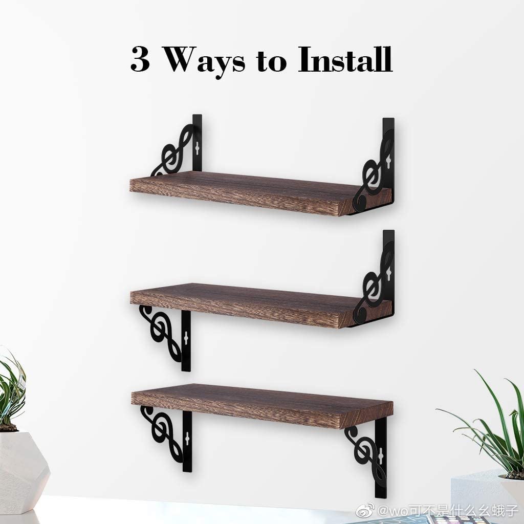 Floating Wall Shelves Set of 3, 16-Inch Solid Wood Floating Shelves Cat Climbing, Wall Mounted Shelf Organizer for Living Room, Bedroom, Kitchen, Bathroom, Office (Carbonized-Brown)