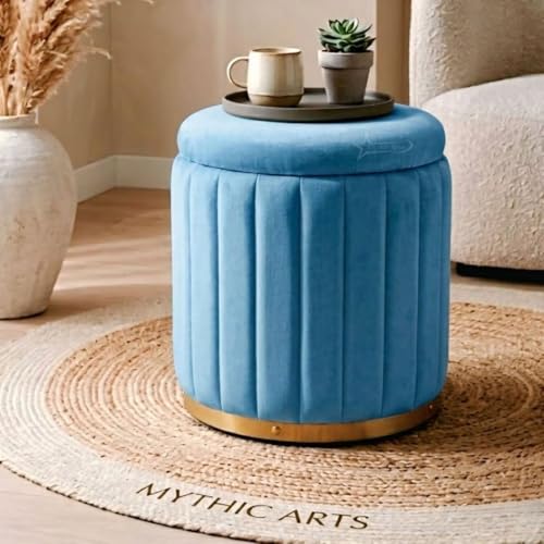 Image of Superior Round Storage Ottoman Stool 13 X 13X 16 inch, with Gold Metal Base | Elegant Pouffe with Secret Storage | Cushioned Footrest for Living Room, Bedroom, and Lounge Sky Blue
