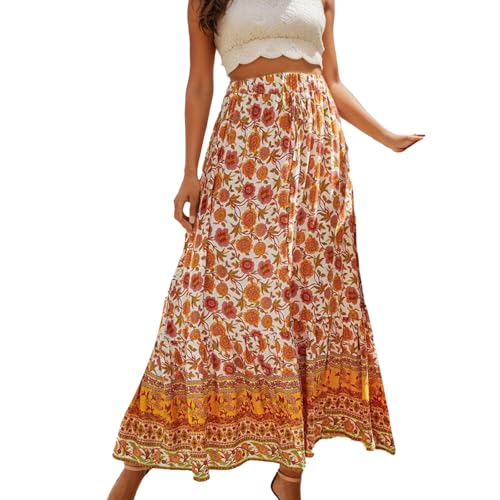 Women's Boho Floral Long Maxi Skirt Casual Summer Pleated Elastic High Waist Split Vacation Skirts