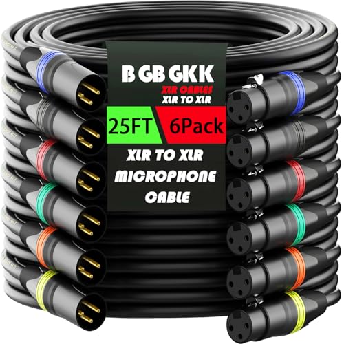 BGBGKK XLR Cables 25ft 6 Pack, Professional XLR Microphone Cable Male to Female, Gold-Plated 3-pin X LR Speaker Cables Balanced Mic Cord, Multicolor