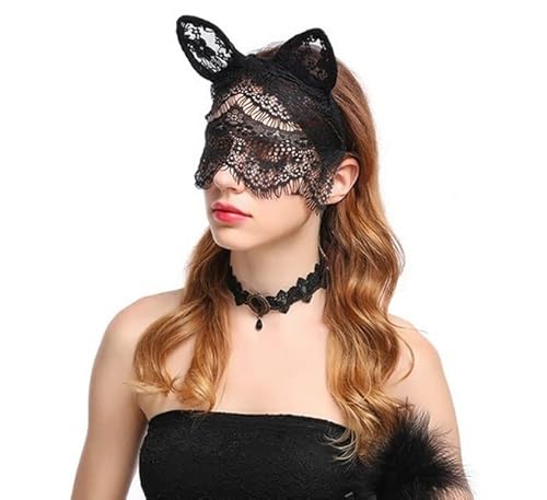 Losuya Serre-tête oreilles de chat en dentelle noire avec voile en dentelle pour Halloween, fête costumée Cover