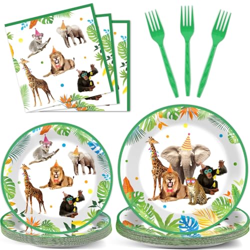 96Pcs Jungle Birthday Party Plates and Napkins Safari Animals Themed Party Decorations Jungle Theme Party Disposable Tableware Set for 24 Guests Wild Animals Gold Safari Zoo Birthday Favors Supplies