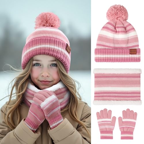 Kids Winter Hat Gloves Scarf Set: Girls Boys Beanie Hats Gloves Knit Set with Thick Warm Fleece Lined For Ages 6-10 Children2