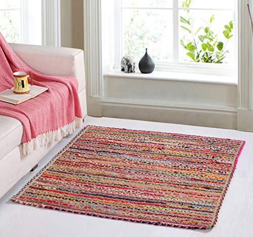 Second Nature Online Mishran   Alfombra trenzada cuadrada grande ecológica con yute natural y material reciclado multicolor, 180 x 180 cm