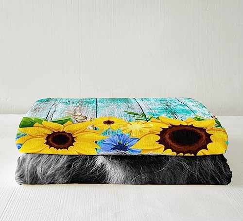 Homemissing Cowhide Highland Cow Sherpa Blanket Sunflower Highland Cattle Plush Blanket Western Farm Animal Fleece Throw Blanket for Kids Vintage Wooden Plank Fuzzy Blanket Double 60x79 Inch - Image 4