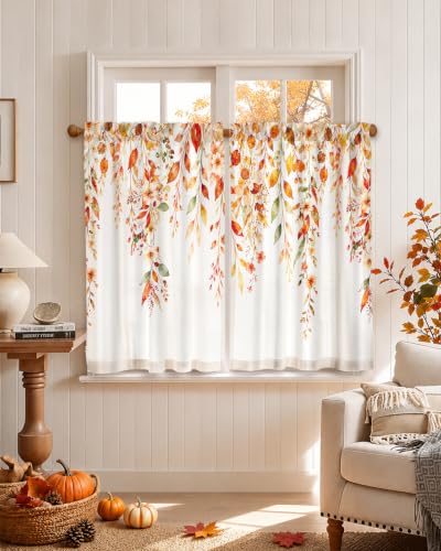 Image of Miss Adola 36 Inch Length Kitchen Tier Curtains Fall Leaves Cafe Curtains