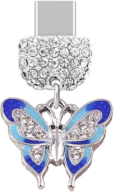 TP228 Type-C USB Charging Port Crystal Anti Dust Plug Little Butterfly Cell Phone Charm for Samsung Galaxy/Huawei/OnePlus/Xiaomi/oppo Android Phones (Blue)