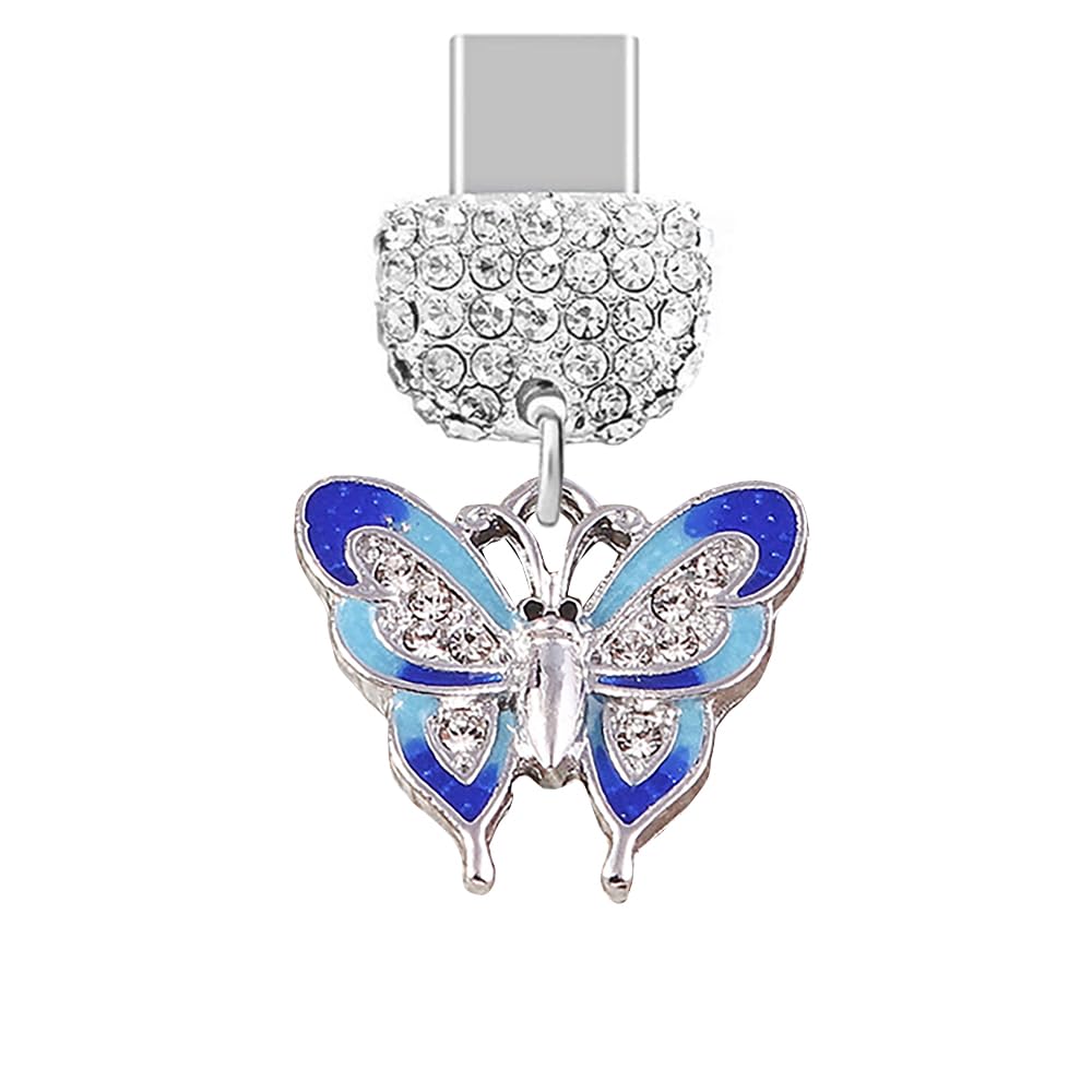 TP228 Type-C USB Charging Port Crystal Anti Dust Plug Little Butterfly Cell Phone Charm for Samsung Galaxy/Huawei/OnePlus/Xiaomi/oppo Android Phones (Blue)