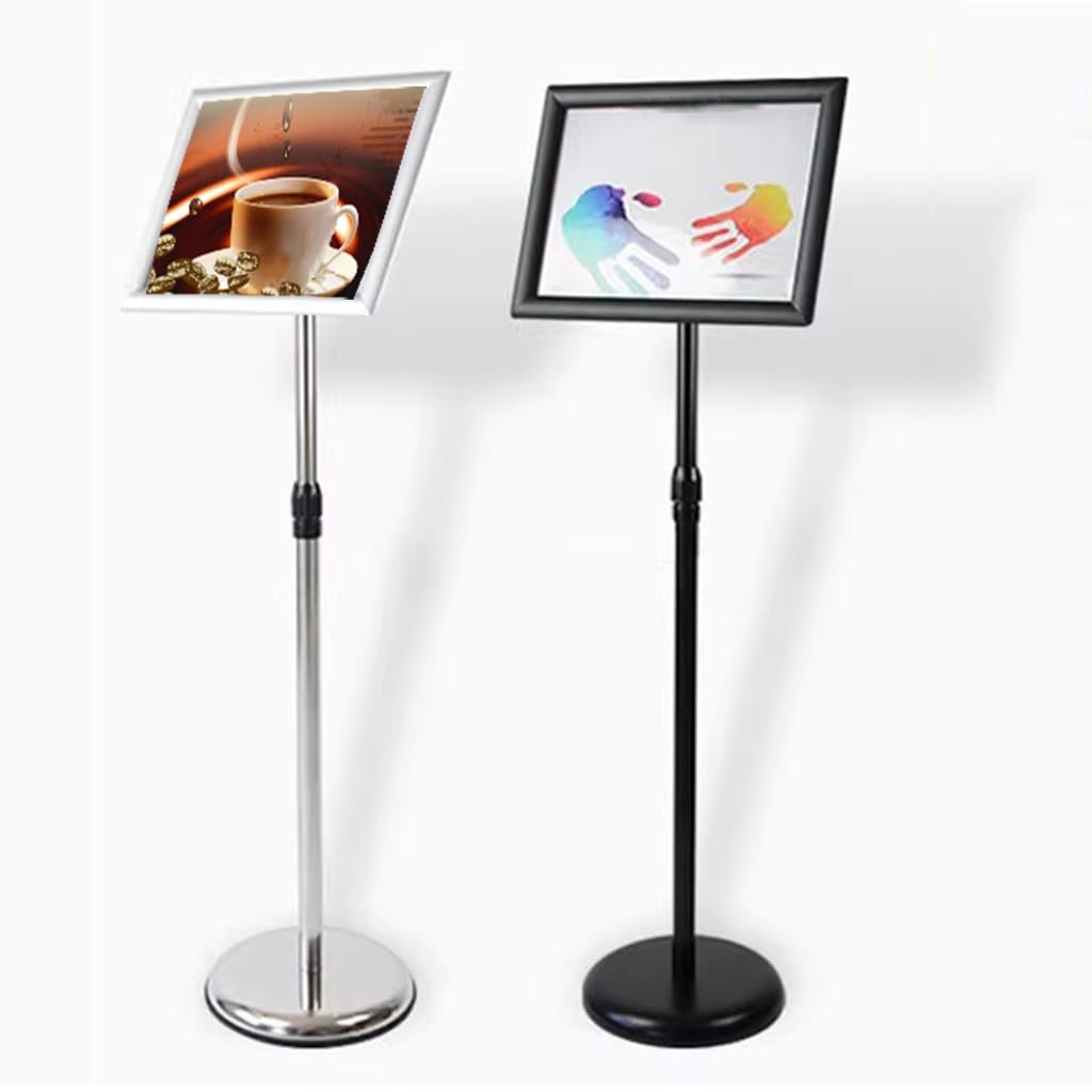 Soporte de Mesa Ajustable para Carteles, Soporte de Suelo para exhibir Carteles, Pedestal Resistente con Base Redonda, Vista Vertical y Horizontal (Plateado A4)