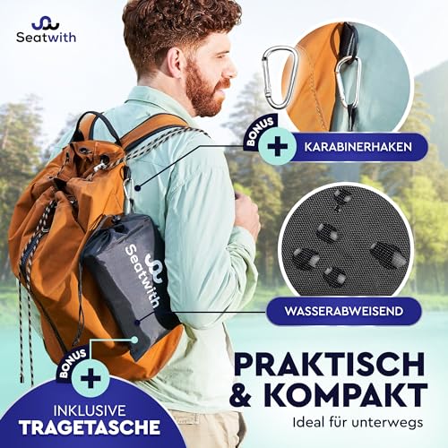 Seatwith Faltbares Iso-Sitzkissen (40x40cm) mit Wärme isolierender ALU Unterseite + Tragetasche & Karabinerhaken für ideale Befestigung am Rucksack maximaler Schutz vor Kälte Nässe Schmutz