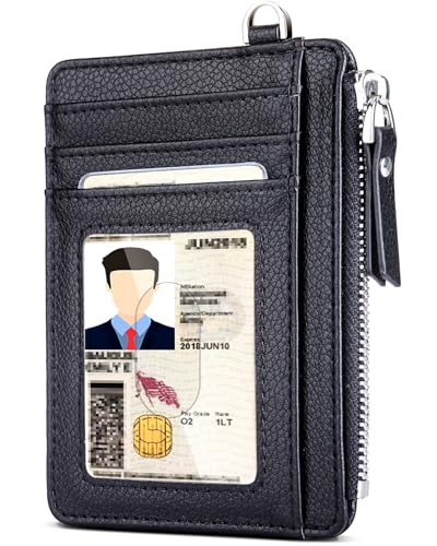 Teskyer Men Card Holder Wallet, Slim Credit Card Wallets, Minimalist, RFID Blocking, 1 ID Window, with Zipper, Holds up to 8 Cards, Black