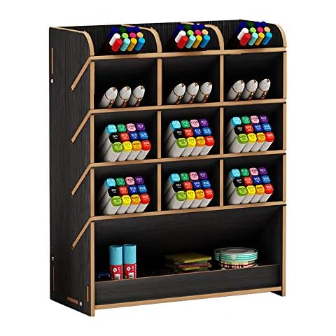 Wooden Pen Holder Storage Box, Multifunctional Desk Organiser Desk Tidy Pen Holder for Home, Office and School (Black) Cover