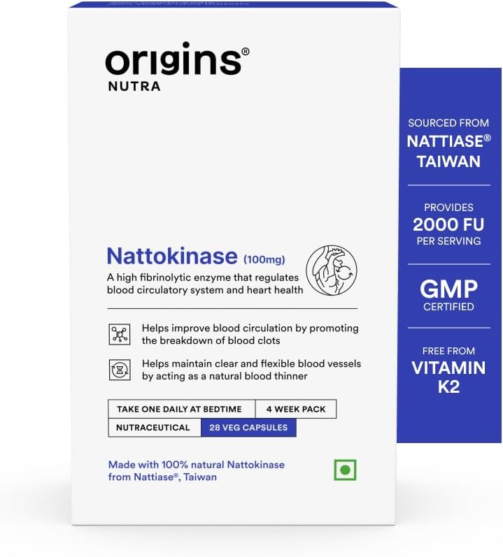 Origins Nutra Nattiase® Nattokinase 2000FU (100 mg) | Vitamin K–Free Formula | Supports Heart Health & Smooth Circulation | 28 Veg Capsules | GMP Certified | Pack of 1