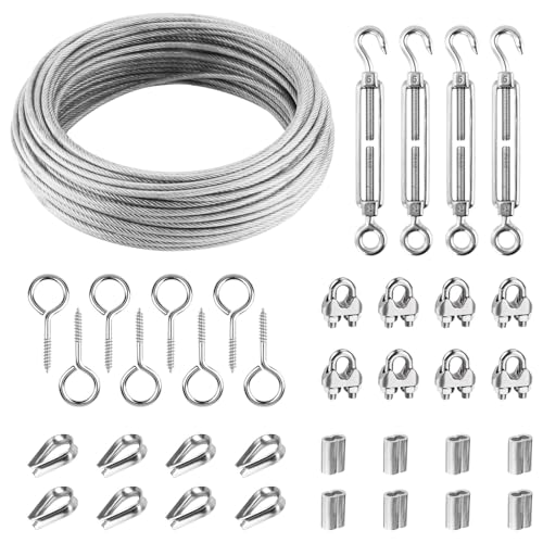 Drahtseil 3mm/20M - Stahlseil mit Ösen M5 Seilspanner Edelstahl Ösenschraube Drahtseilklemme und Kauschen Aluminiumhülsen - Drahtseil Rankhilfe für Kletterpflanzen Seilspanngarnitur für Gardinen