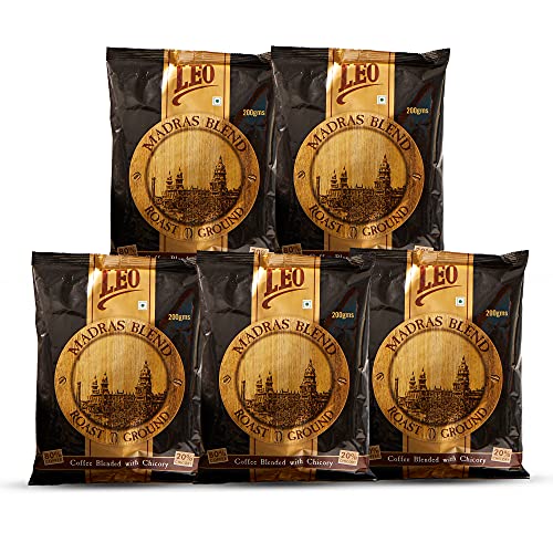 Image of LEO COFFEE Madras Blend Coffee, Roast Ground Filter Coffee Powder, 200G (Pack Of 5), Bag