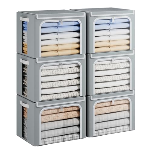 Image of Yecaye Clothes Storage Bins with Metal Frame, Foldable Clothing Storage Bin with Lid, Stackable Oxford Fabric Organizer Box With Clear Window & Zippers & PU Leather Handles (6 Pack,Grey,40L)