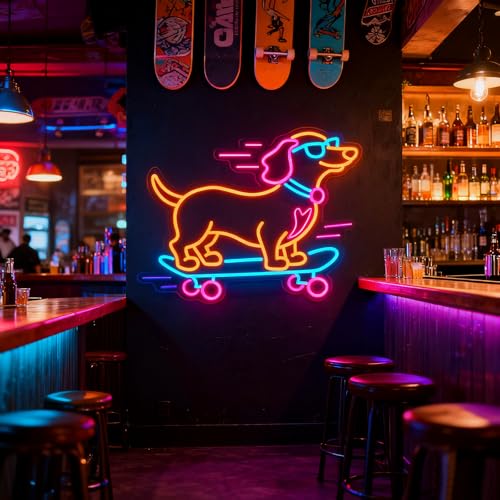 Image of Dachshund Skateboarding Neon Sign, Skateboard Dog Neon Signs for Wall Decor Cool LED Wall Art Decor, Dimmable Dog Lover Gift for Living Room, Bar, Shop, or Birthday Party (Orange Dachshund)