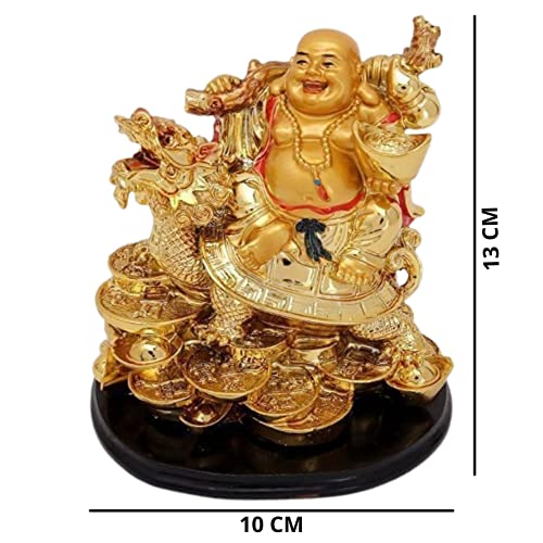 GJ Golden Laughing Buddha with Dragon & Coins Statue | Feng Shui Wealth & Prosperity Idol for Home & Office | Lucky Buddha Showpiece for Vastu Decor & Gift