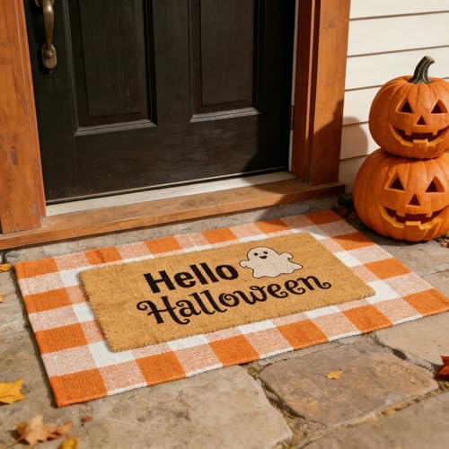 SKYPEA 2 Pcs Halloween Coir Doormat for Home 27.5 x 43 Inches with Orange & White Buffalo Plaid Rug, Layered Non Slip Welcome Mats for Halloween Party, Patio & Indoor Outdoor Decor - image 2