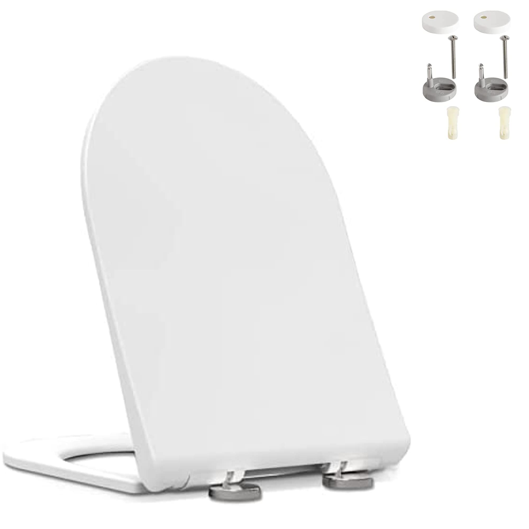 Soft Close Toilet Seat D-Shape, Bottom Fixing, Heavy Duty PP Material Anti-Bacterial Toilet Seats White with Adjustable Plastic Fixings, Toilet Lid Loo Seat