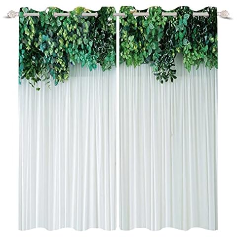 YONGFOTO 117x138cm Flower Wall Blackout Curtains Spring Nature Green Leaves White Lace Tulle Wedding Theme for Living Room Bedroom Window Drapes, 2 Panel Home Set With Holes Cover