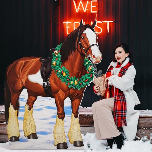 Image of Marsui 6.3 ft Christmas Clydesdale Horse Cardboard Cutout Stand up Life Size Christmas Clydesdale Party Decorations Farm Animals Photo Props for Horse Racing Party Decor Derby Theme Supplies