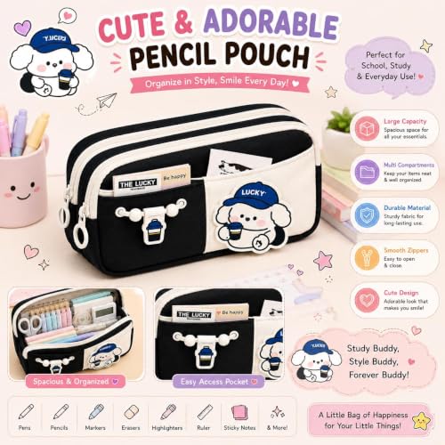 Image of Cute Aesthetic Pencil Case for Girls & Boys | 3 Layer 6 Compartment Large Capacity Pencil Pouch with Zipper | Cartoon Stationery Organizer Bag for Students & Kids (Black)