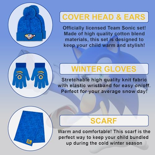 Image of Sonic The Hedgehog Winter Hat and Gloves Set - Blue Sonic Hat for Boys Ages 5-13 - Winter Hat with Scarf and Glove Set