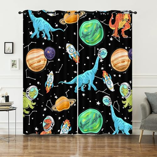 AILONEN Cozy Astronaut Dinosaur Window Curtain,Cartoon Space Dinosaurs Curtains Drapes,Rockets,Jupiter Window Treatments Drapes Fun Kids Room Livingroom Decor, 52