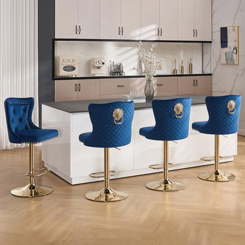 Butacos Giratorios Ajustables de Terciopelo, Juego de 6 Sillas Altas para Barra con Detalle de Anilla en Forma de León y Espalda Alta Acordonada, Estilo Moderno para Isla de Cocina, Azul Marino y Dorado miniatura 7