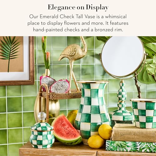 Image of MACKENZIE-CHILDS Enamel Tall Vase, Green-and-White Emerald Check